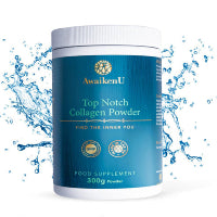 Marine collagen powder with water splash background. Great for hydration.