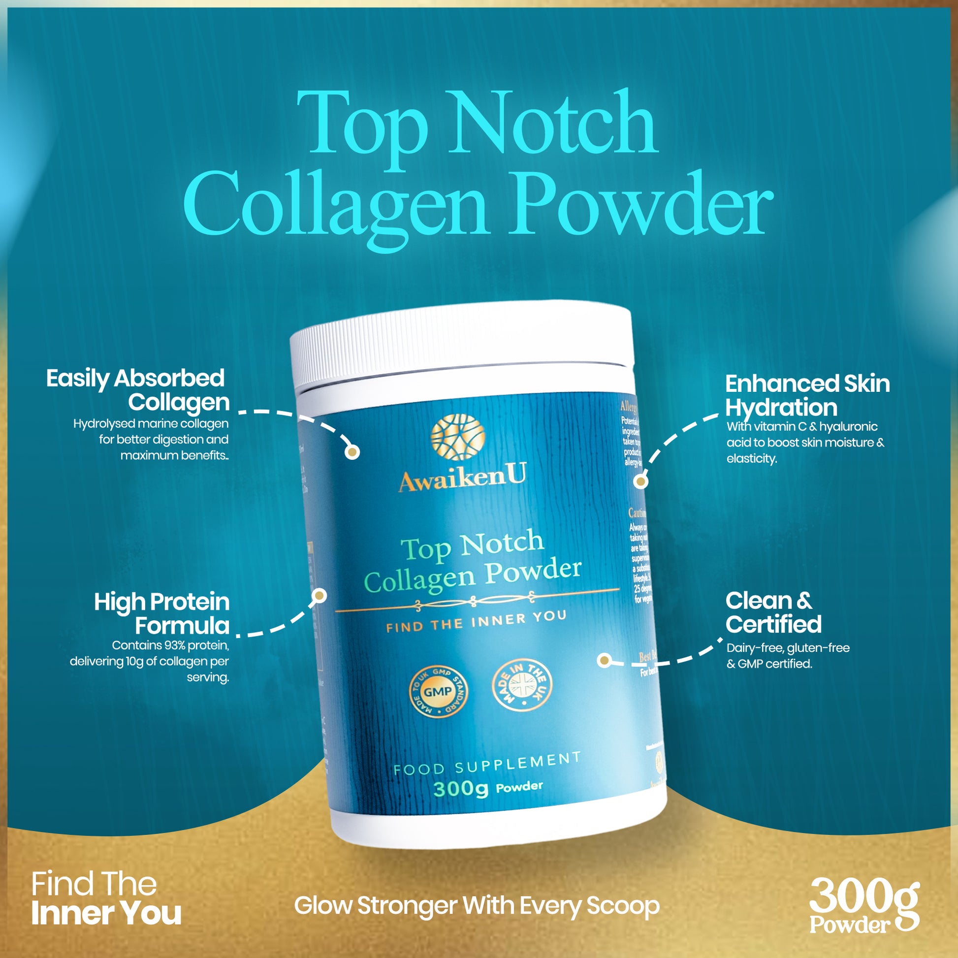 collagen powder with points of interest being easily absorbed, high protein, certified, skin hydration. Glow stronger with every scoop.