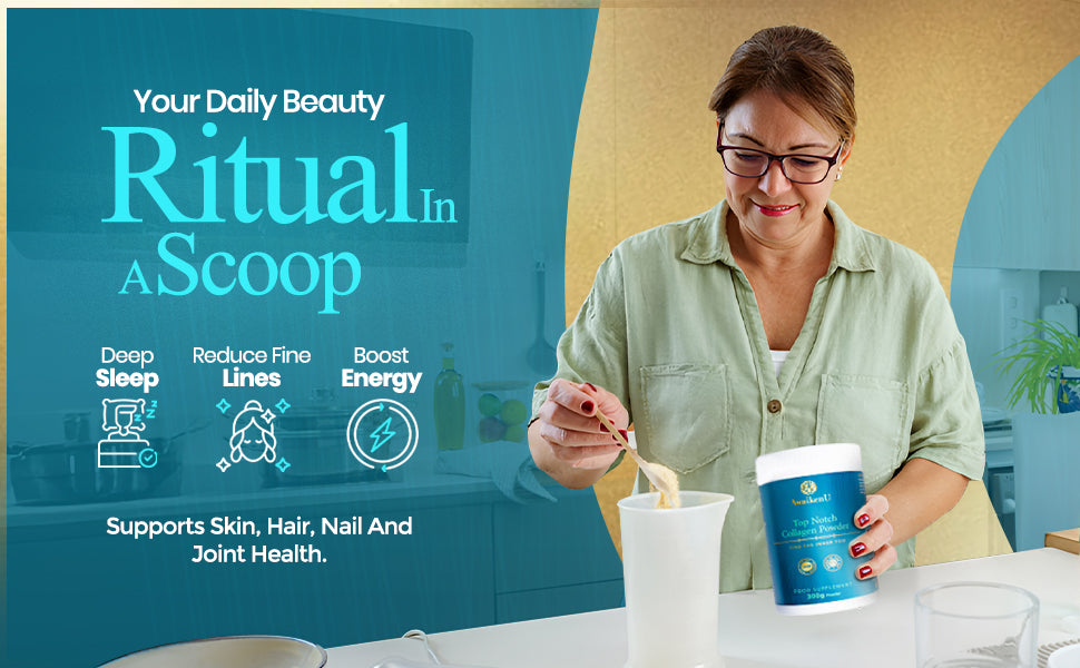 lady putting a scoop of collagen powder into a jug for her morning supplement drink.