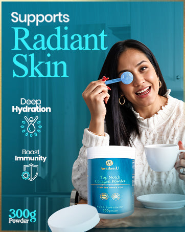 Showing lady smiling with a scoop in front of one eye and a cup in hand. collagen powder to support radiant skin with deep hydration, and booting your immunity. 300g powder.