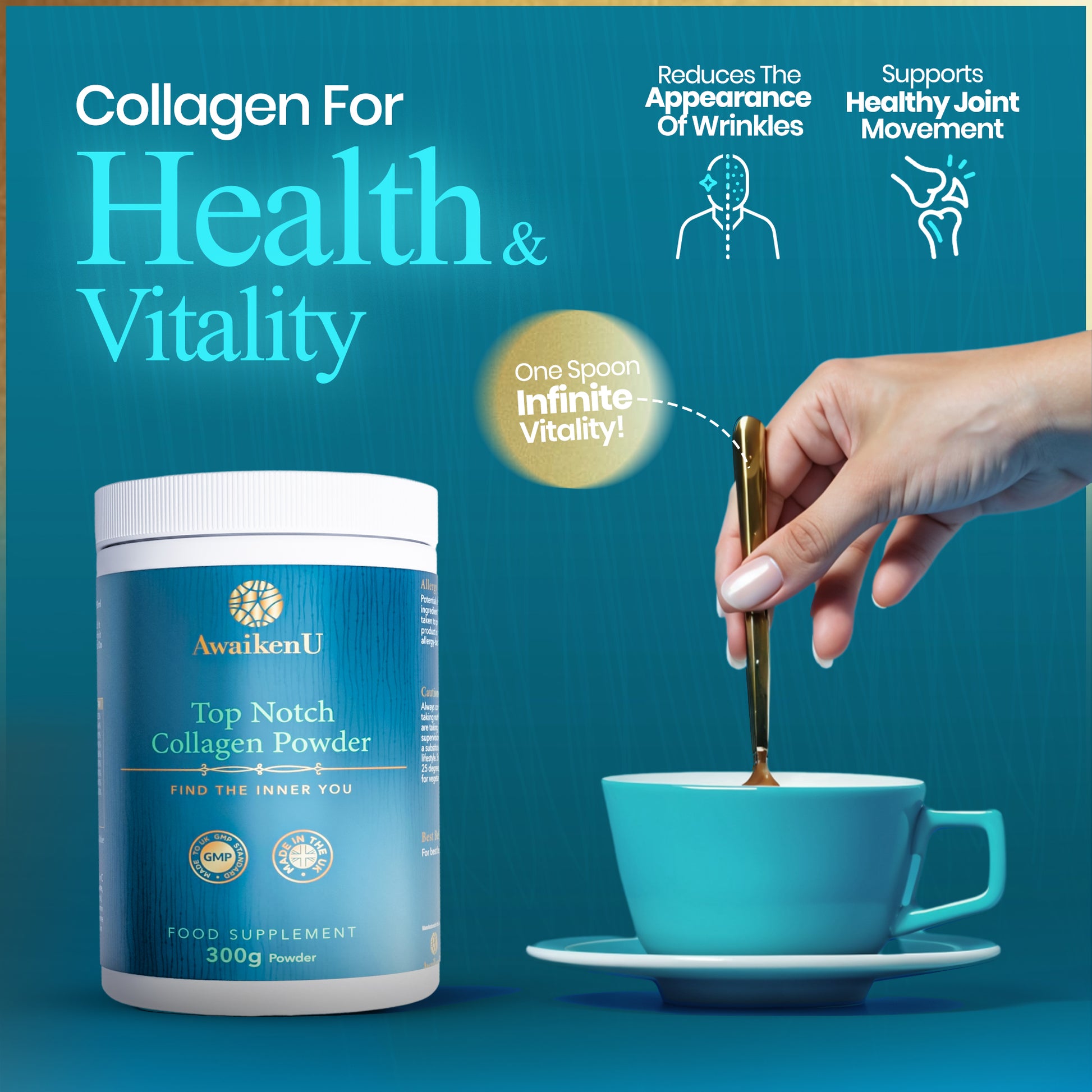lady stirring cup of coffee with collagen powder in. One spoon infinite vitality. Supports healthy joint movement.