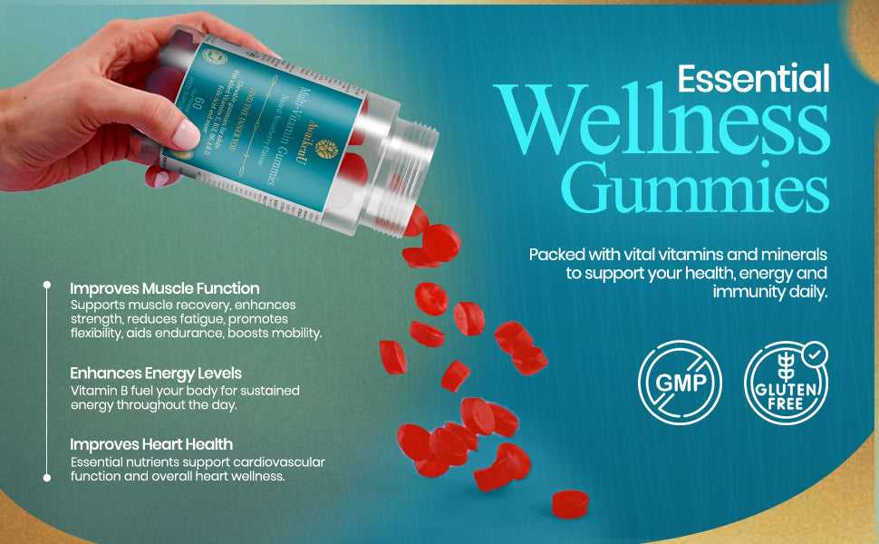 hand holding pot of gummies pouring them out. with slogan saying essential wellness gummies.