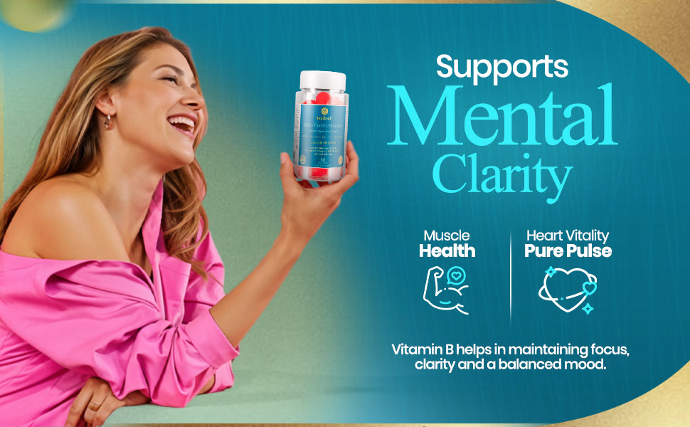 lady in pink top holding AwaikenU multi vitamins, slogan says supports mental clarity.