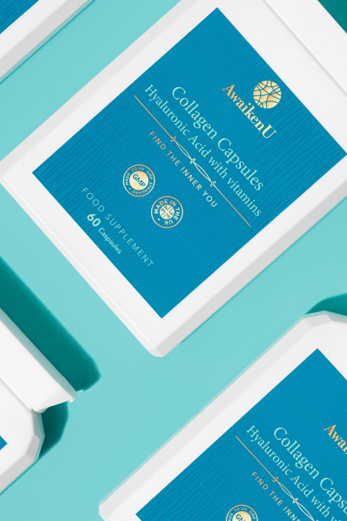 AwaikenU's collagen capsules on the slant with blue background