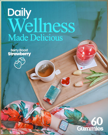 tray with pot of gummies, cup of tes, candle and tulips. by ladies arm in floral kimono. Slogan says Dialy wellness made delicious. Berry boost strawberry.