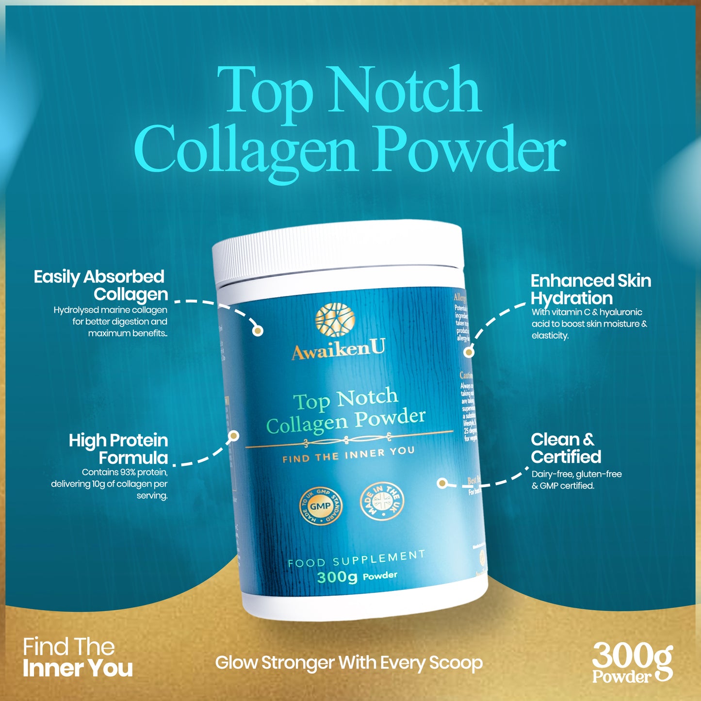 collagen powder with points of interest being easily absorbed, high protein, certified, skin hydration. Glow stronger with every scoop. 