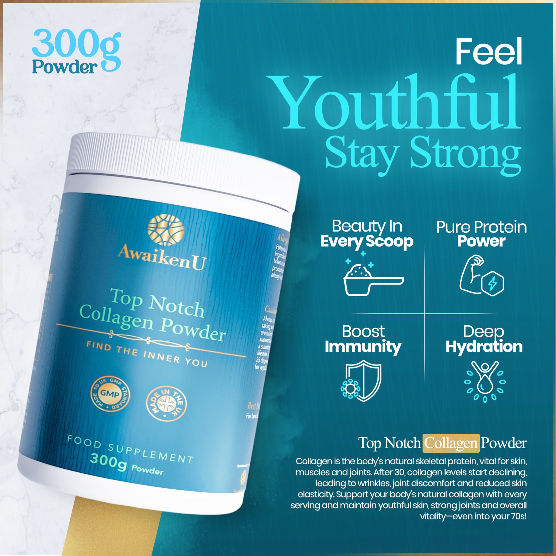 Feel youthful stay strong with our marine ollagen powder. Beauty in every scoop. Top notch collagen powder. 