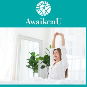 wake up feeling great with AwaikenU's collagen powder supplement. Lady stretching in front of mirror. 